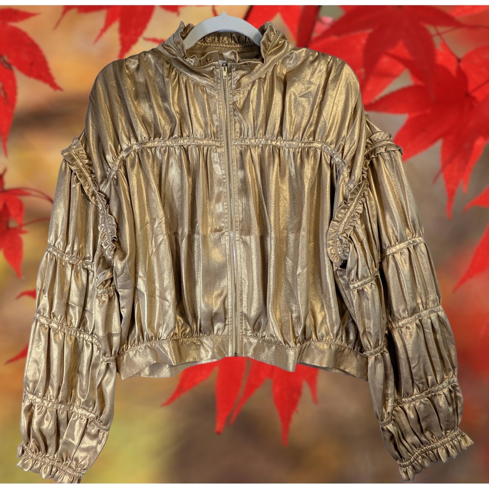 Current Air Los Angeles Gold Metallic Ruffle Blouson Jacket XL Oversized